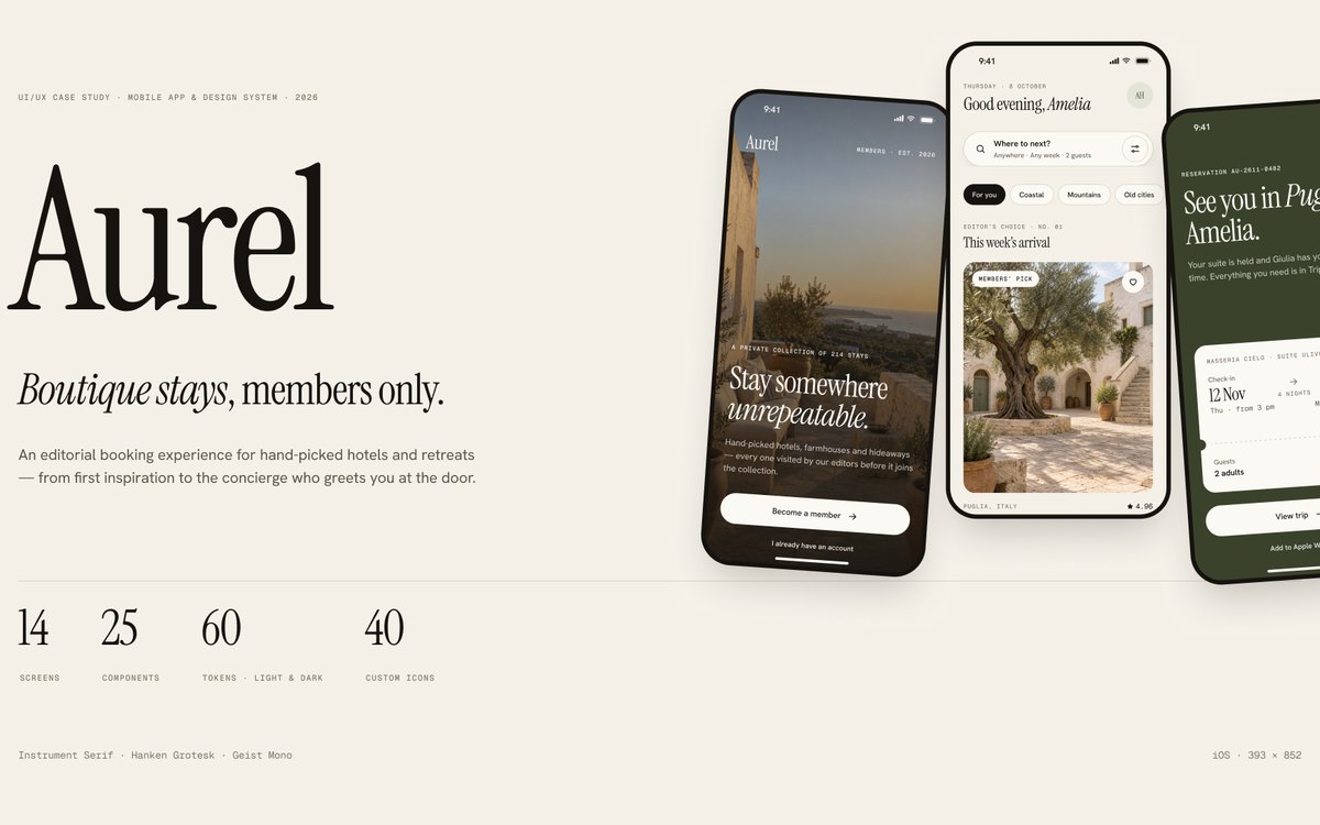 Aurel boutique stays app cover with welcome, discover and booking screens