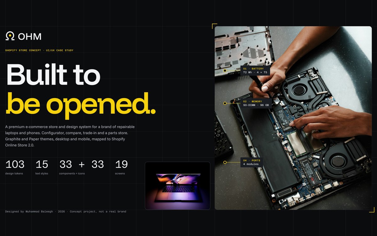 OHM repairable tech store cover with an opened laptop and labelled parts