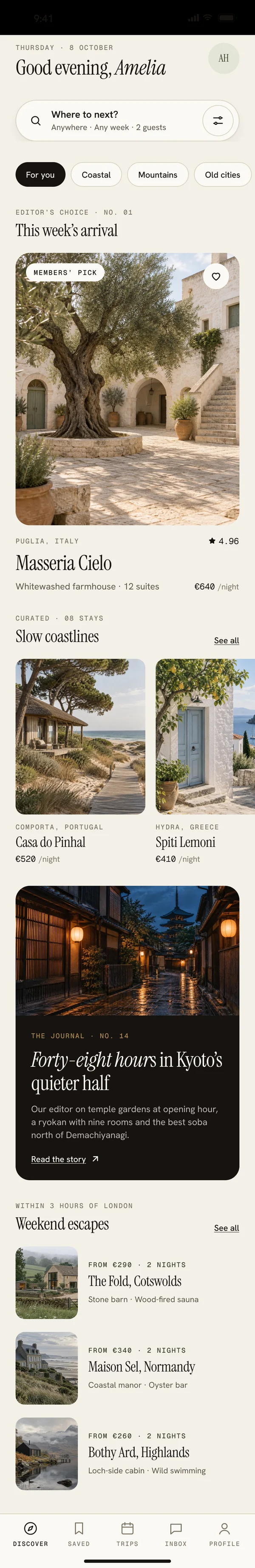 Full-length Discover: greeting, search, mood chips, editor's choice, curated collections, the journal and weekend escapes
