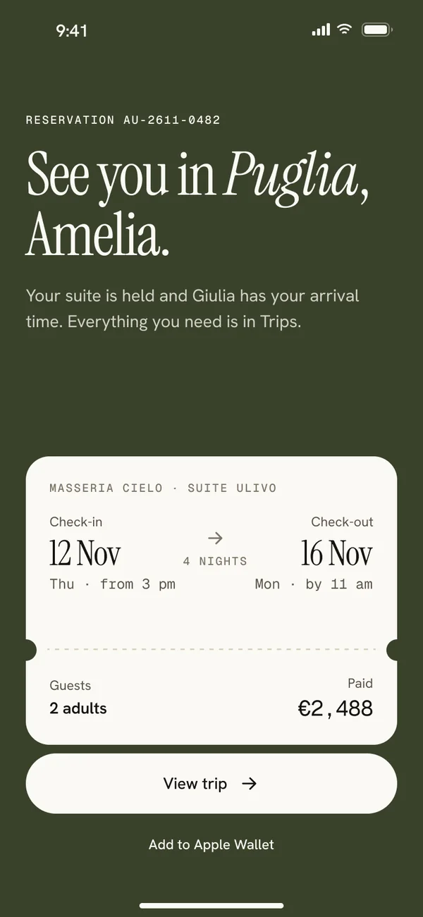 Booking confirmed: See you in Puglia, Amelia, ticket-style summary, 4 nights, paid €2,488