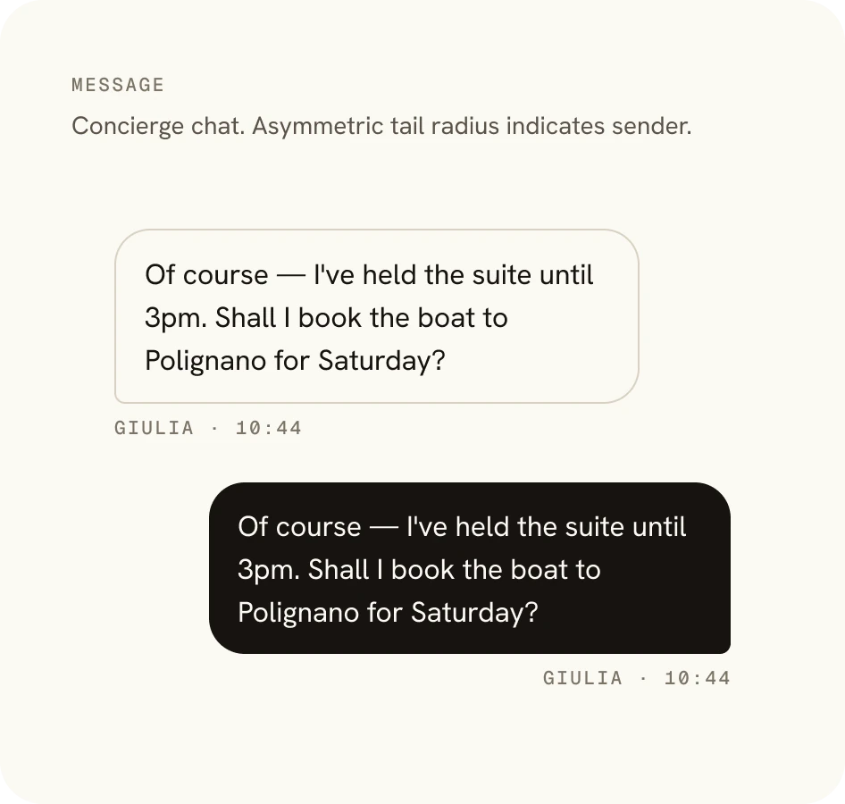 Concierge message bubbles for guest and concierge