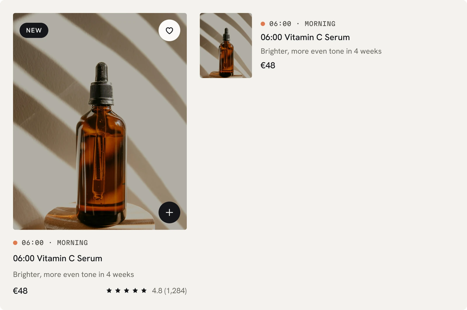 Product card in grid and row variants: photo, time tag, benefit line, price and rating
