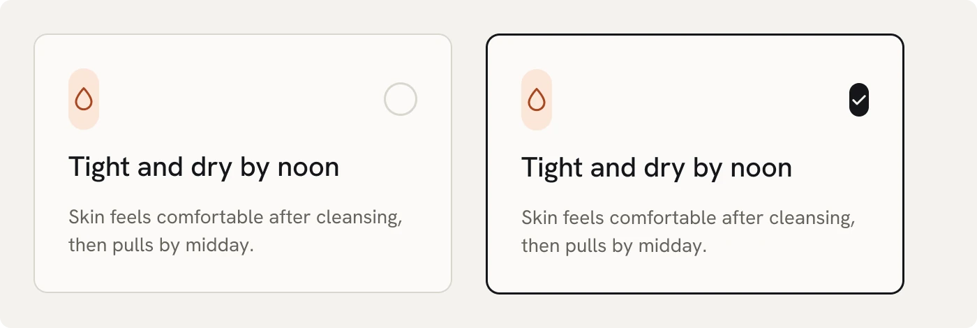 Quiz option cards, default and selected