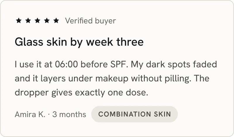 Review card: rating, verified buyer, title, text and skin type
