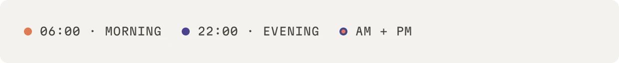 Time Tags: 06:00 morning, 22:00 evening, AM plus PM