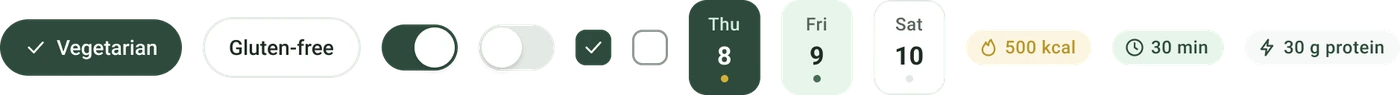 Chips, toggles, checkboxes, day pills and nutrition tags