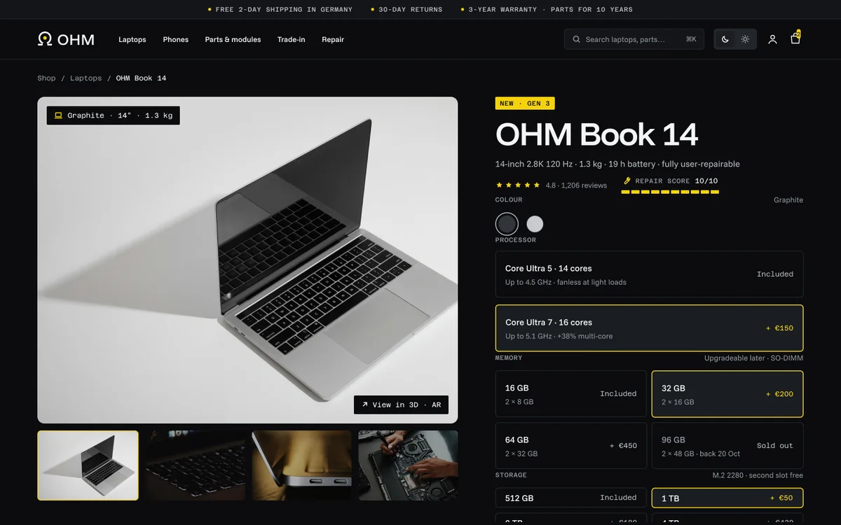 Configurator for the OHM Book 14: processor, memory and storage options, each with its price difference, and a repair score of 10 out of 10