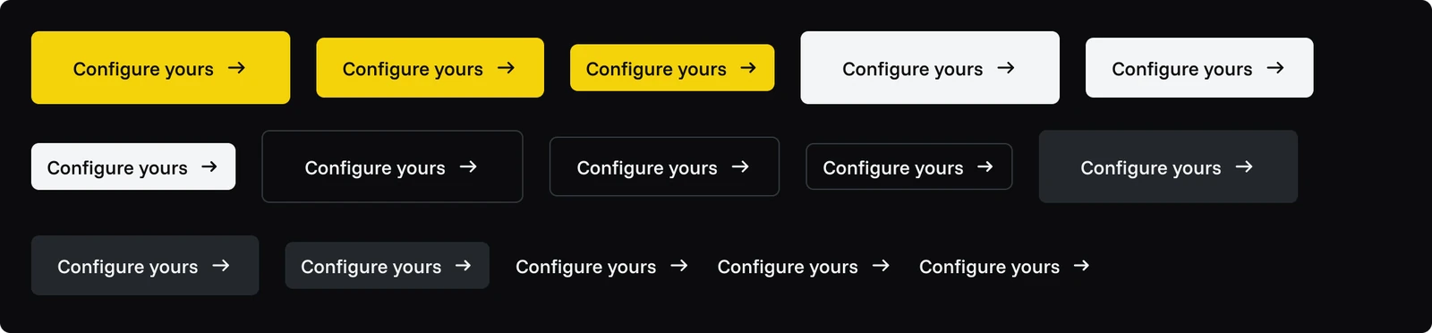 Button variants: signal yellow, white, outline, ghost and text, in three sizes