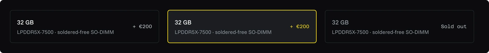 Config option in default, selected and sold-out states, with price delta plus €200