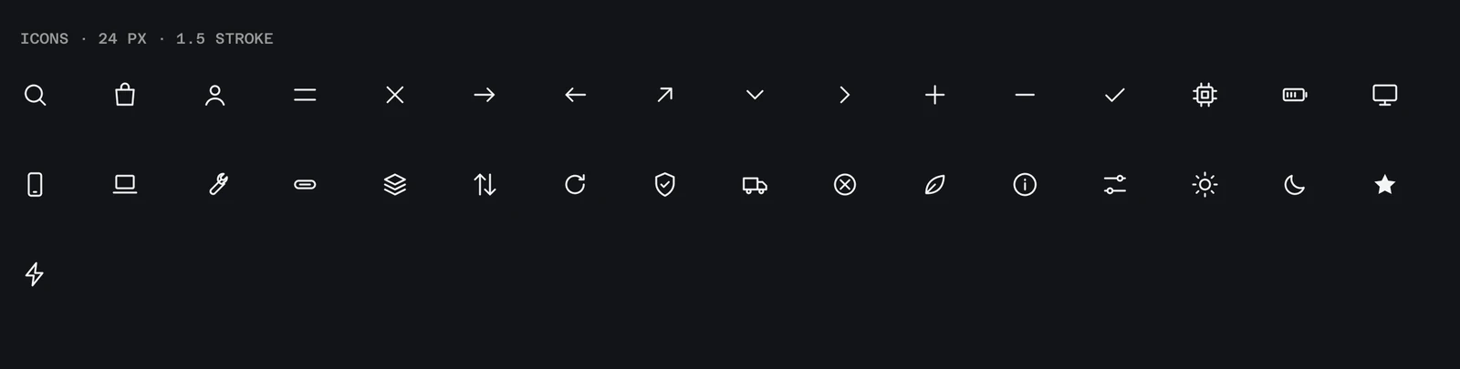 Icon set of 33 line icons on a 24 pixel grid