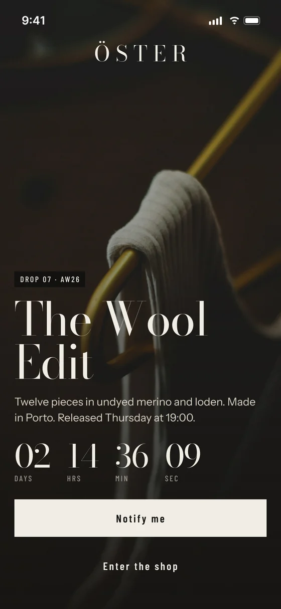 Drop countdown screen: The Wool Edit, twelve pieces, released Thursday at 19:00, with a live countdown and a Notify me button