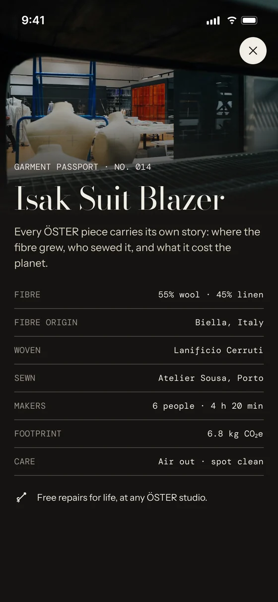 Garment passport screen for the Isak Suit Blazer, number 014: fibre, origin, mill, atelier, makers, footprint and care