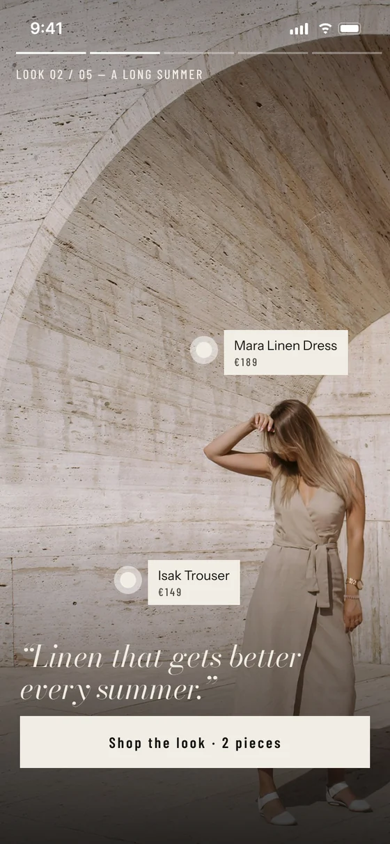 Lookbook screen: a full-bleed editorial photo with tappable tags for the Mara Linen Dress and Isak Trouser, and a Shop the look button
